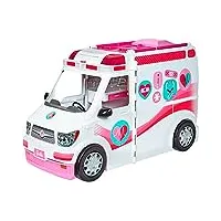 barbie véhicule médical rose et blanc pour poupée, voiture ambulance transformable en hôpital avec plus de 20 accessoires, jouet pour enfant, frm19