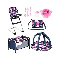 bayer design 61769ab ensemble 9 en 1 pour des poupées avec une chaise haute, un sac, une assiette avec couverts et gobelet, un tapis d'éveil, un lit de voyage, accessoires poupon, bleu rose étoiles