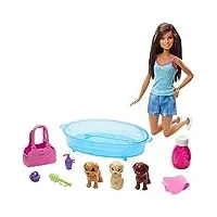 barbie famille coffret le bain des chiots, poupée brune et 3 figurines de chiots, avec baignoire et accessoires, jouet pour enfant, gdj39
