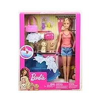 barbie famille coffret le bain des chiots, poupée blonde et 3 figurines de chiots, avec baignoire et accessoires, jouet pour enfant, gdj37