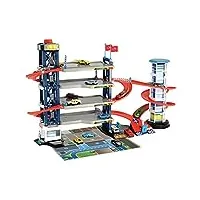 dickie toys parking garage kit de jeu 4 étages ascenseur, 4 véhicules die-cast, 1 hélicoptère, lumière et son, 203749008, multicolore