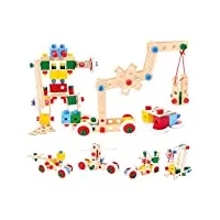 bino world of toys jeu de construction en bois dans un seau, jouets pour enfants à partir de 3 ans, jouets pour enfants (jeux de construction, 120 pièces, jouets de motricité en bois), multicolore