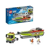 lego 60254 city super véhicules le transport du bateau de course camion à remorque et bateau de course, jouet de bain flottant pour enfants de 5 à 7 ans