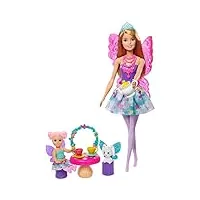 barbie dreamtopia coffret service à thé avec poupée fée, figurine de fillette et accessoires, jouet pour enfant, gjk50, multicolore