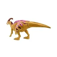 jurassic world attaque sonore parasaurolophus figurine articulée de dinosaure avec mouvements, sons et mâchoires qui claquent, jouet pour enfant, gmc96
