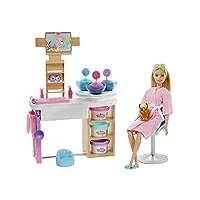 barbie bien-être coffret journée au spa avec poupée blonde, salon de beauté, figurine chiot et plus de 10 accessoires, jouet pour enfant, gjr84