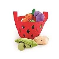 hape panier légumes jouet en feutrine - jeu d'imitation enfant 18 mois et plus - accessoires dinette réalistes en feutrine - panier, couteau, carotte, aubergine, chou, haricots - accessoires cuisine
