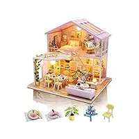 gudoqi diy maison miniature,3d maison poupee bois kit avec meubles et musique, lumière led, kit de modèle fait À la main À construire, douce maison de temps