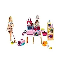 barbie mobilier coffret poupée et son animalerie, 4 figurines animaux et accessoires inclus, jouet pour enfant, grg90