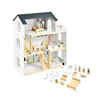 mamabrum maison de poupées en bois 70 x 30 x 60 cm pour enfants + 3 ans avec grande terrasse 4 figurines, 3 etages, 2 chambres, cuisine, salon & 18 pièces mobiles (n71 & ce)