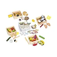 leomark ensemble de jeu - tout en bois - ensemble de produits alimentaires: fruits, légumes, pizza, œufs, couteau de cuisine, jambon, jeu d'imitation + boîtes en bois (5 en 1)