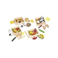 leomark ensemble de jeu - tout en bois - ensemble de produits alimentaires: fruits, légumes, pizza, œufs, couteau de cuisine, jambon,jeu d'imitation + boîtes en bois (4 en 1)