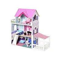 homcom maison de poupée en bois jeu d'imitation avec 13 accessoires grand réalisme multi-équipements 3 niveaux escalier terrasses