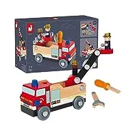 janod - camion de pompiers brico'kids en bois - jeu de construction - avec 2 pompiers - 45 pièces, facile à monter - jouet en bois certifié fsc - de 3 à 8 ans, j06469