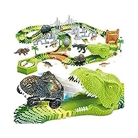 mini tudou 174 pièces jouets dinosaures la piste de course,flexible voies ferrées avec 8 figurines de dinosaures,2 voitures de course électriques avec lumières,dinosaures jouets pour les enfants
