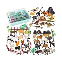 toey play 3 en 1 mini figurine animaux de la ferme et de la forêt, 56 pièces figurine dinosaure jouets en plastique avec malette, jeux cadeau pour enfants 3 4 5 ans