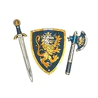 liontouch - chevalier noble, Épée de jeu, bouclier et hache pour enfants en bleu | imitation médiévale en mousse avec le thème du lion doré | armes et armure de bataille sûres pour déguisements