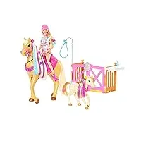 barbie famille coffret toilettage des chevaux avec poupée blonde, 2 figurines chevaux et plus de 20 accessoires, jouet pour enfant, gxv77