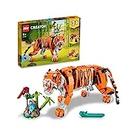 lego 31129 creator 3 en 1 sa majesté le tigre, jouets animaux pour filles et garçons dès 9 ans, figurines panda, poisson, panier paques enfant