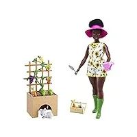 barbie coffret poupée jardinage avec poupée mannequin (29 cm, brune, ronde), lapin, treillis avec accessoires de jardin et fruits et légumes À clipser, jouet enfant, dès 3 ans, hcd45