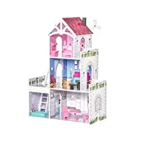 homcom maison de poupée 3 étages jeu d'imitation avec 13 accessoires grand réalisme multi-équipements mdf rose