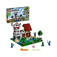 lego 21161 minecraft la boîte de construction 3.0, ensemble 2-en-1 jouet château fort et ferme avec les figurines steve, alex et creeper