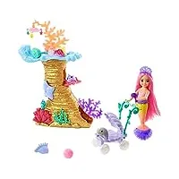 barbie coffret barbie mermaid power avec poupée chelsea sirène, 4 figurines d’animaux, 1 espace de jeu récif corallien et accessoires, jouet enfant, dès 3 ans, hhg58
