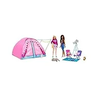 barbie famille coffret camping avec 2 poupées malibu et brooklyn, tente et accessoires dont figurines animaux et téléscope, jouet pour enfant, hgc18