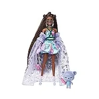 barbie poupée extra chic avec robe à imprimé oursons et traîne, figurine ourson, très longs cheveux et accessoires, points d’articulation, jouet enfant, dès 3 ans, hhn13