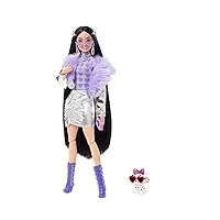 barbie poupée mannequin extra n° 15 avec blouson argenté, jupe assortie, très longs cheveux, figurine chiot et accessoires, jouet enfant, dès 6 ans, hhn07