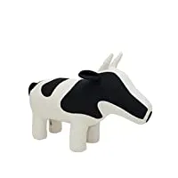 crochetts | vache en peluche amigurumi au grande taille. tricoté avec du fil de coton et une structure en bois. poupée vache en noir et blanc cassé.