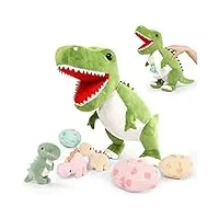 morismos peluche dinosaure t-rex, dino jouet en peluche kawaii avec 3 bébé dinosaures mignon, câlins tyrannosaurus peluche cadeau pour enfants filles garçons anniversaire saint valentin decoration