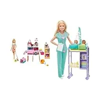 barbie mobilier coffret poupée et son animalerie, 4 figurines animaux et accessoires inclus & métiers coffret poupée pédiatre blonde avec cabinet médical, deux bébés et accessoires