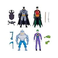 dc comics, batman et robin contre the joker et king shark, figurines articulées de 10 cm, jouets pour garçons et filles à partir de 3 ans, 6065564, multicolore