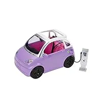 barbie voiture violette convertible avec toit ouvrant, véhicule électrique avec station de charge et prise, jouet enfant, dès 3 ans, hjv36