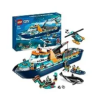 lego 60368 city le navire d’exploration arctique, grand jouet avec bateau flottant, hélicoptère, sous-marin, Épave de viking, 7 minifigurines et figurine d'orque, cadeau enfants, garçons et filles