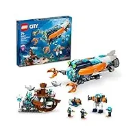 lego city deep-sea explorer submarine 60379 ensemble de jouets de construction sous-marin océan avec épave de navire, 6 figurines et 3 figurines de requin pour un jeu imaginatif, une idée cadeau pour