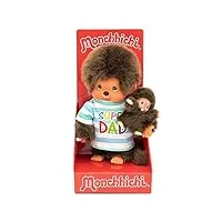 sekiguchi monkey 220960-original monchhichi garçon, figurine papa avec enfant, super dad, d'environ 20 cm en peluche brune, 220960, marron, 0