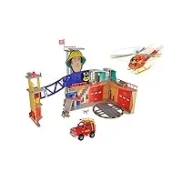 simba 109252613 – station de sam le pompier mega xxl – station de pompiers avec hélicoptère wallaby, voiture de pompier 4 x 4 (rouge) et figurines de sam, tom & penny, jouet pour enfants à partir de 3