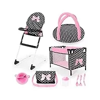 bayer design design-61760ab 61760ab set poupées, chaise haute, lit poupon, sac à bandoulière, tapis d'eveil, accessoires plastiques, noire rose