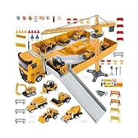 formizon camion transporteur voiture, véhicules de chantier enfants jouet de camions de remorque set avec musique & lampe, 6 mini véhicules de chantier, jouets grue (jaune)
