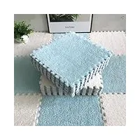 tapis carré en peluche puzzle 100 pièces, carreaux de mousse à emboîtement shaggy de 11.8 pouces, tapis de sol, tapis de jeu, chambre à coucher, maison(color:bleu+blanc)