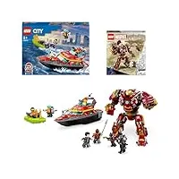 lego le pack héros inclut: la figurine marvel hulkbuster : la bataille du wakanda (76247) et le set city le bateau de sauvetage des pompiers (60373), avec une figure avengers et des bateaux de secours