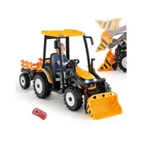 giantex  tracteur electrique enfants 3-8 ans 12v avec godet et remorque-1 place avec télécommande 2,4g et 3-6 km/h, phare jaune