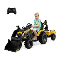 tracteur electrique 12 v pour enfants 3-5 km/h avec télécommande, remorque, godet à creuser/à pelle, lecteur mp3, usb,pahres 3 à 8 ans, jaune
