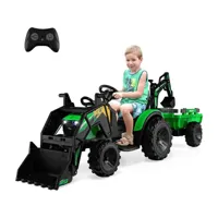 tracteur electrique 12 v pour enfants 3-5 km/h avec télécommande, remorque, godet à creuser/à pelle, lecteur mp3, usb,pahres 3 à 8 ans, vert