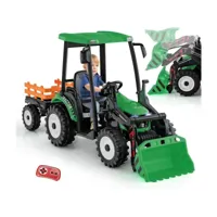 giantex  tracteur electrique enfants 3-8 ans 12v avec godet et remorque-1 place avec télécommande 2,4g et 3-6 km/h, phare vert