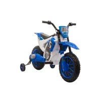 moto cross électrique enfant 3 à 5 ans 12 v 3-8 kmh  avec roulettes latérales amovibles dim. 106,5l x 51,5l x 68h cm bleu