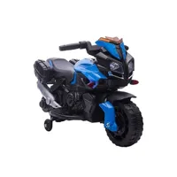 véhicule électrique pour enfant homcom moto électrique enfant 6 v 3 km/h effet lumineux et sonore roulettes amovibles repose-pied valises latérales métal pp bleu noir