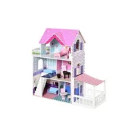 maison de poupée homcom maison de poupée en bois jeu d'imitation grand réalisme multi-équipements 3 niveaux escalier terrasses